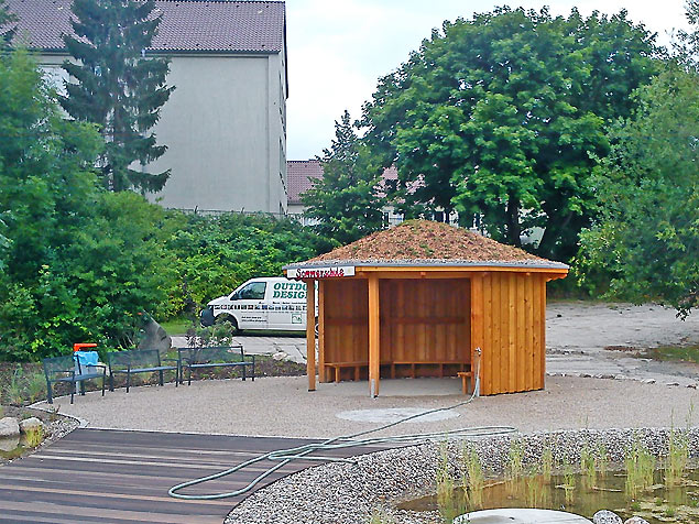 Pavillon mit Dachbegrünung, Sonderanfertigung Wasserlehrpfad Eurawasser Rostock